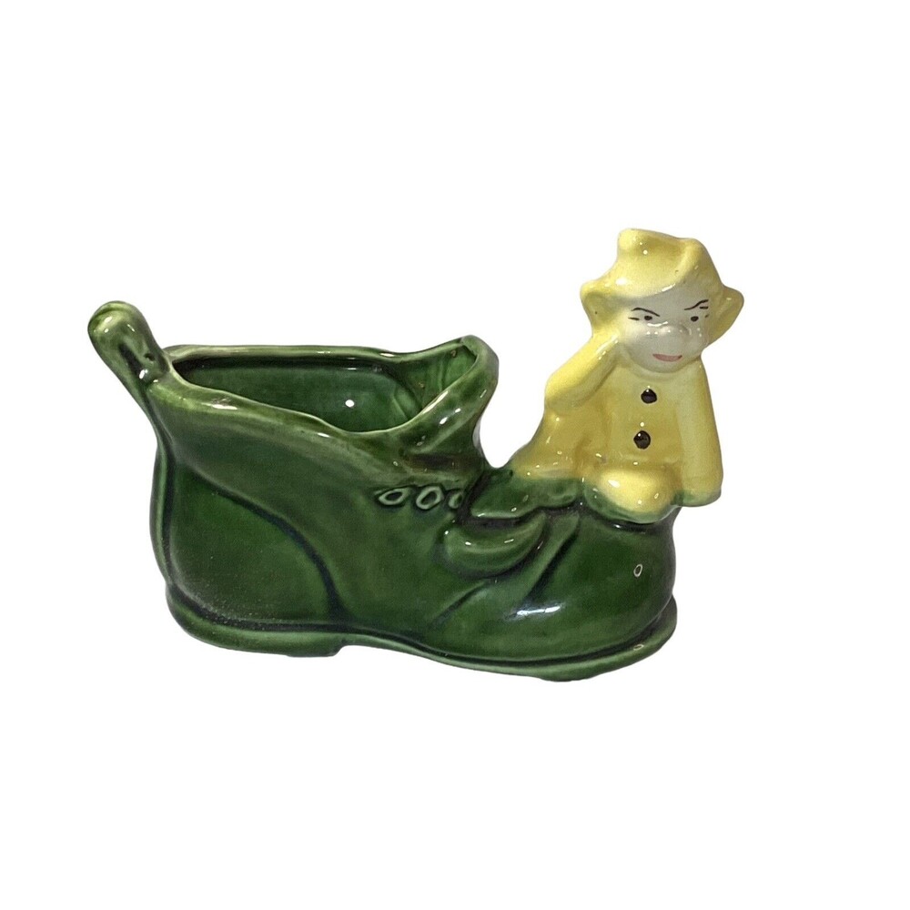 Shawnee Yellow Pixie Elf on Green Shoe Planter Japan Vintage 4.5"
